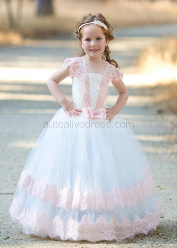 Cap Sleeve Ivory Tulle Pink Lace Flower Girl Dress